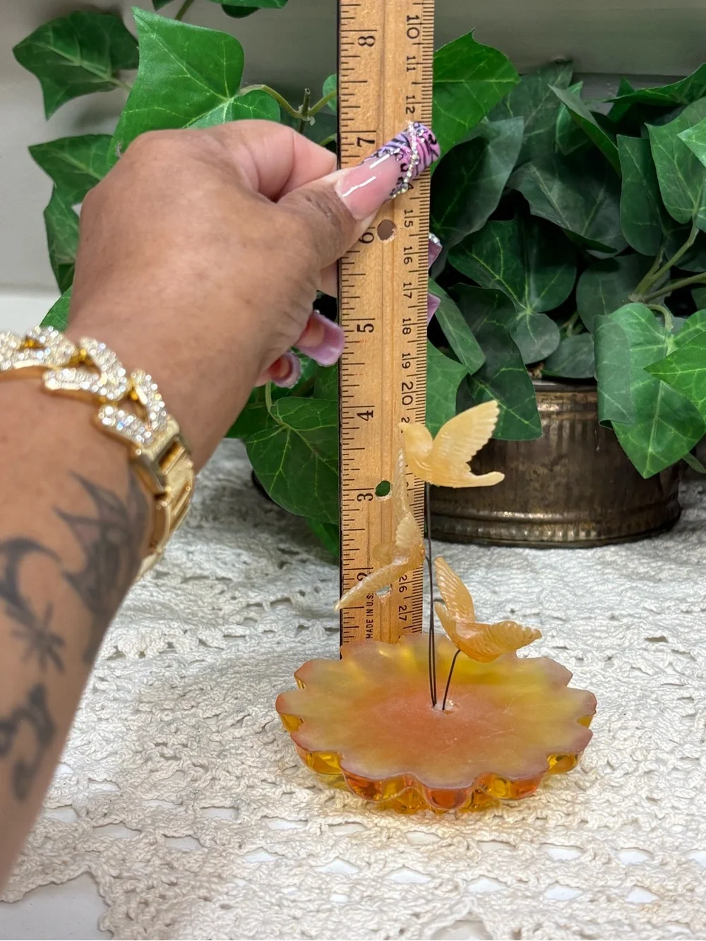 Amber Yellow Glass Bird Figurine Frosted Flower Base 3D Effect